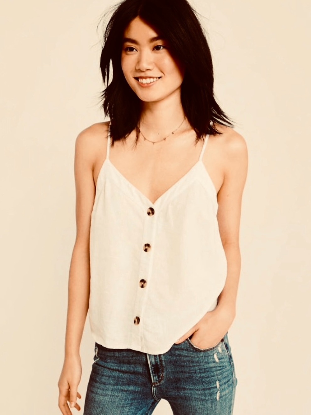 Cream Sleeveless Linen Button-Down Tank Size Small